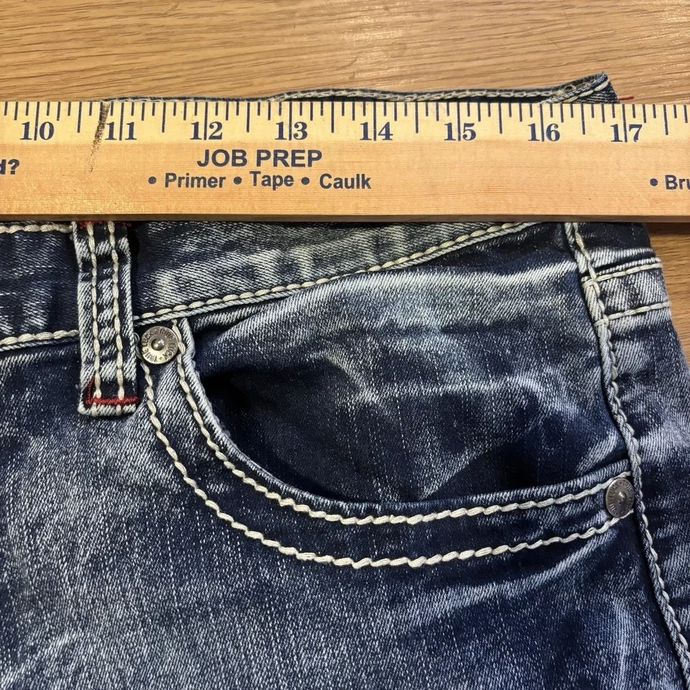 True Luck Jeans Mens 34x30 Dark Distressed Wash Straight Leg Red Stitching Faded